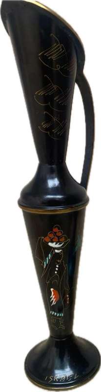 Vintage Israel brass pitcher and vase pair enamel hand painted