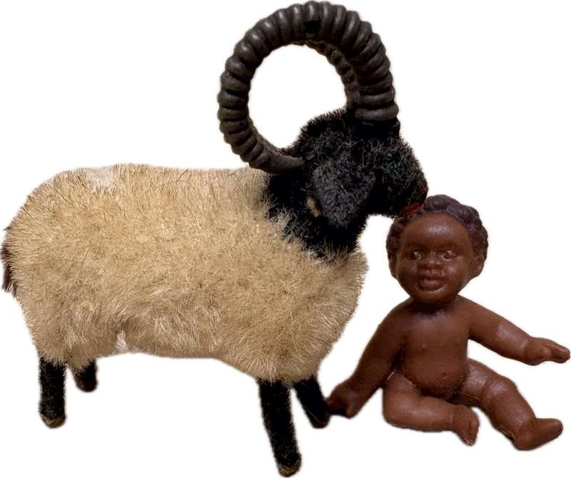 Vintage Wagner Kunstlerschutz Handwork Flocked West Germany Ram Sheep with pvc baby figure nativity