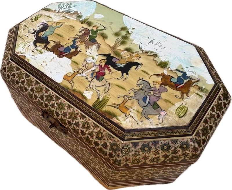 Vintage Persian art Khatam box footed hand painted Moshul battle scene