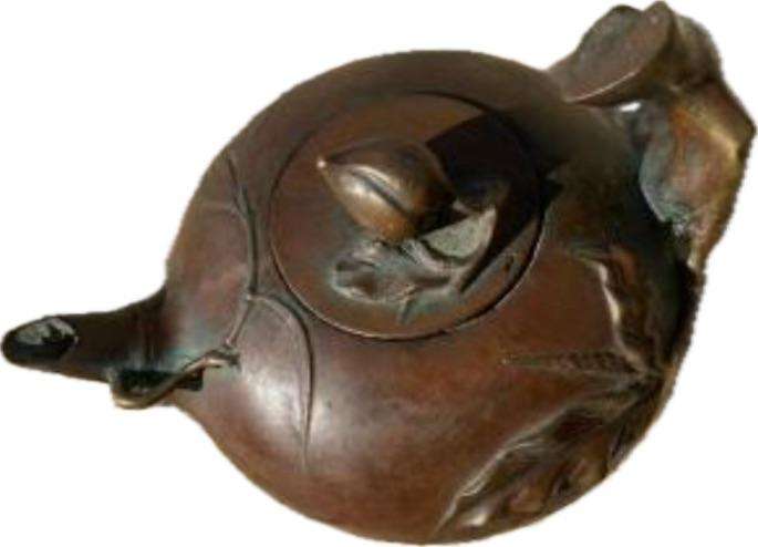 antique bronze chinese teapot tea pot on wood pedestal signed