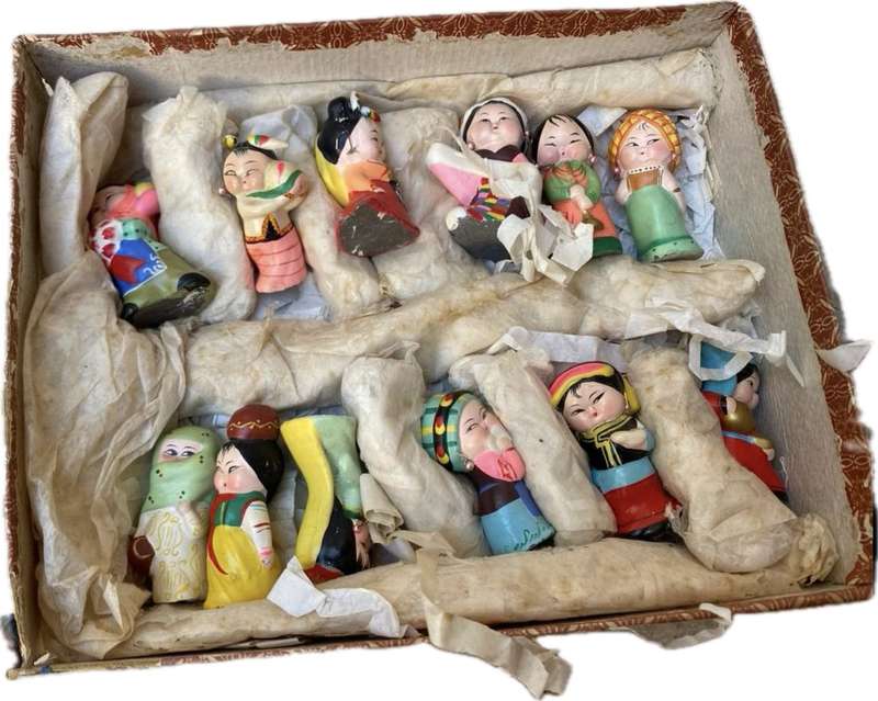 Vintage Chinese figurine lot of 12 in national outfits , clay and hand painted in box