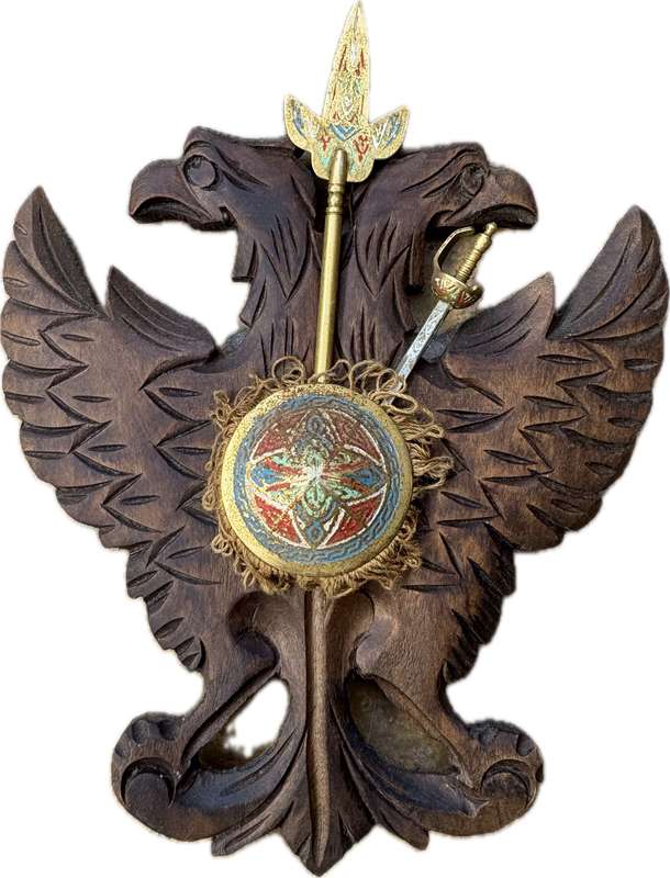 Vintage Toledo double head eagle wood coat of arms with a sword