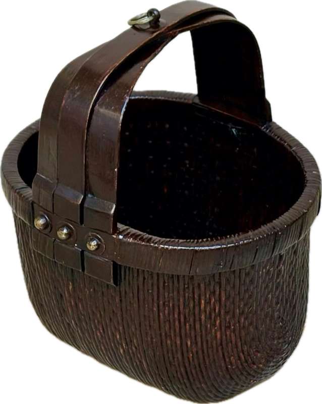 Antique  Asian woven rice gathering basket with bent wood handle