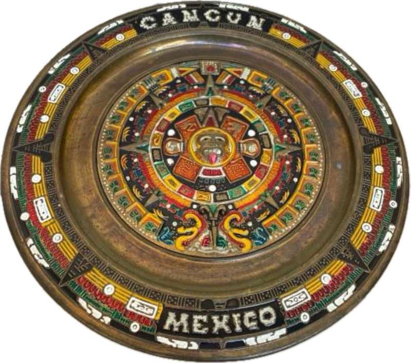 Vintage brass enamel Mexico colourful souvenir wall plate tequila tray