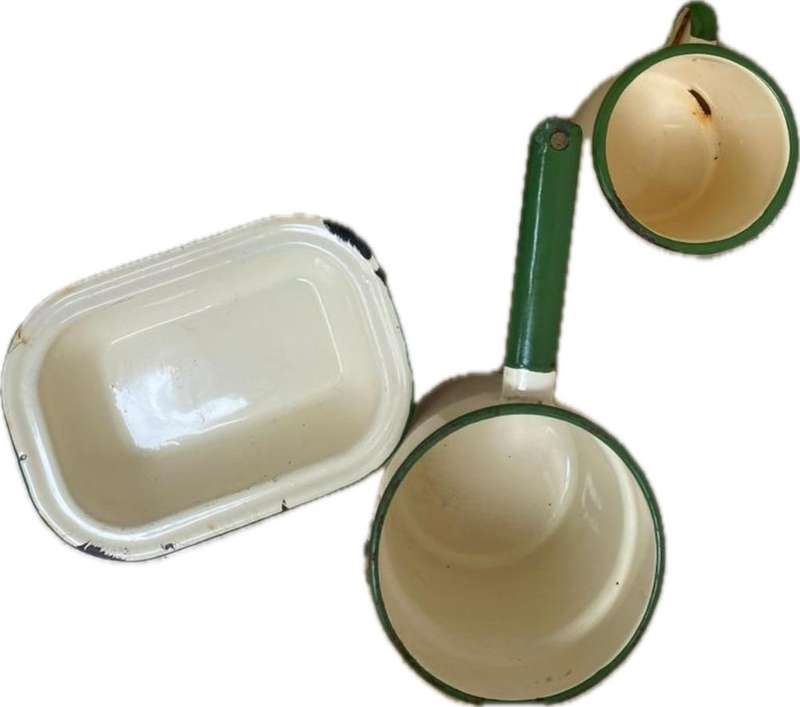 Vintage kitchen heavy enamel lot , pot plate bowl mug and tray lot , cream and green judge
