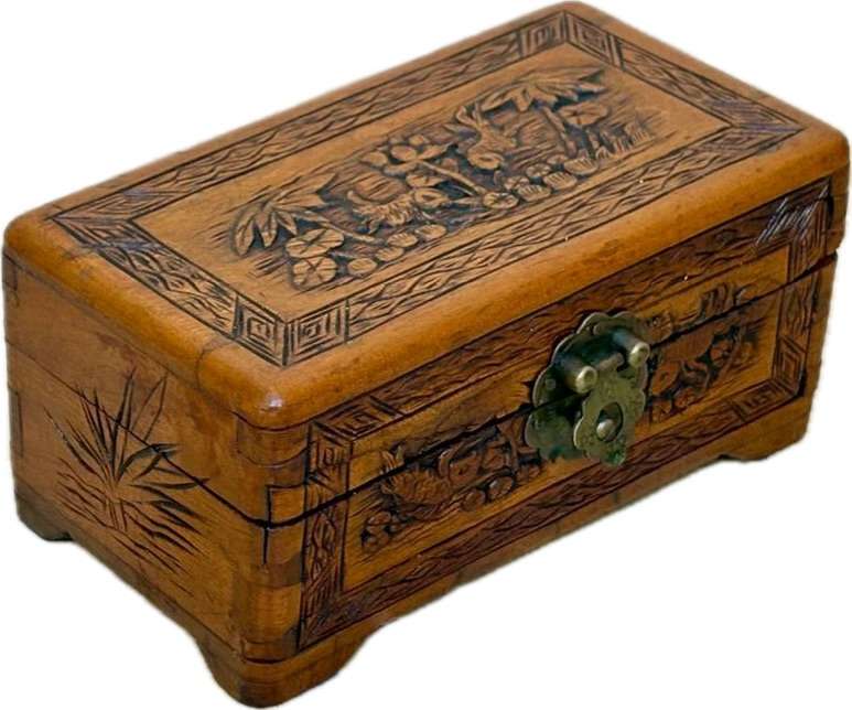 Antique Asian hand Carved Camphor wood wooden  vintage Jewellery Box