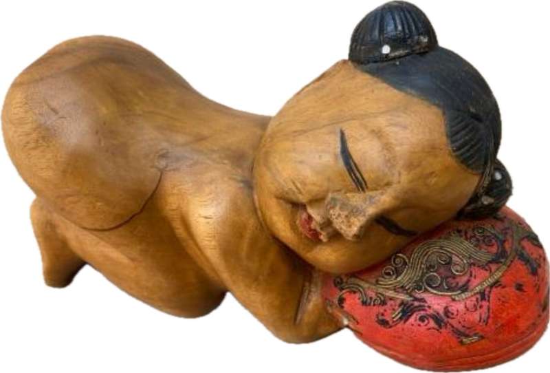 vintage asian sleeping baby buddha girl hand carved large wood sculpture figure