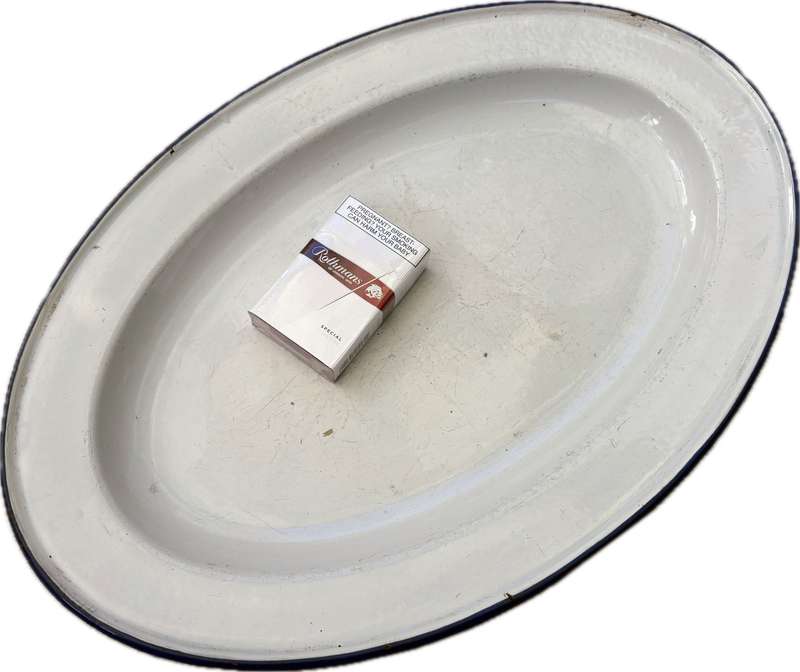 Vintage Kockums enamel oval  tray 45 cm white with blue trimming, Sweden