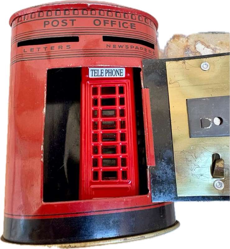 London telephone booth pencil sharpener die cast , with post box money box pair