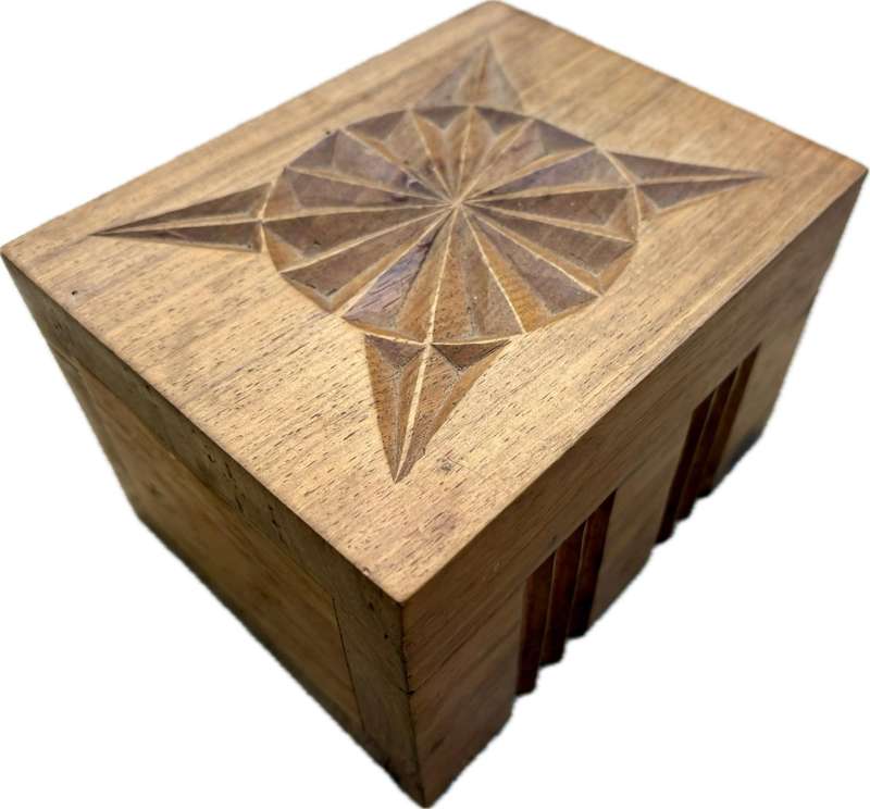 Vintage exotic Wood carved box filled with vintage soda marbles