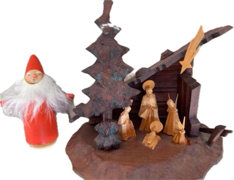 Vintage hand carved nativity set with tree ornaments Sweden germany