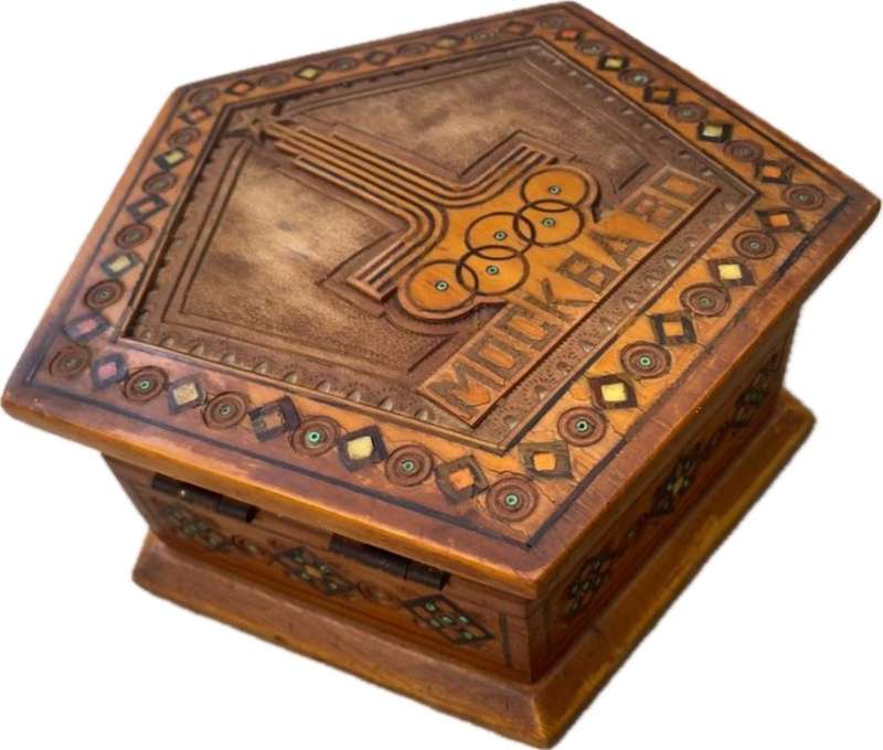 Vintage Moscow Russia olympics 1980 hexagon wood inlay jewellery box