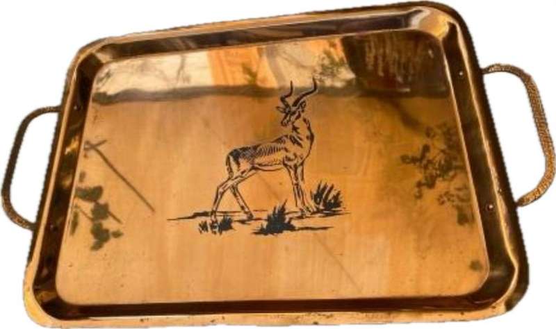 vintage copper tray antelope engraved  with handles