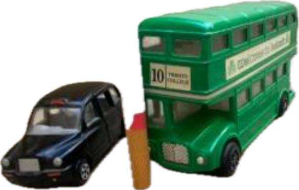Ireland die cast double decker Irish green bus with 2 London black cab cabs