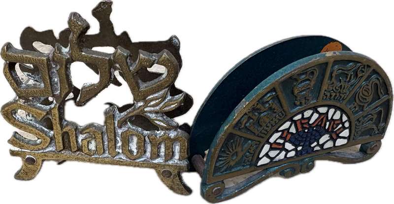 Brass and Enamel Fan Shape letter holder, Napkin Holder shalom pair