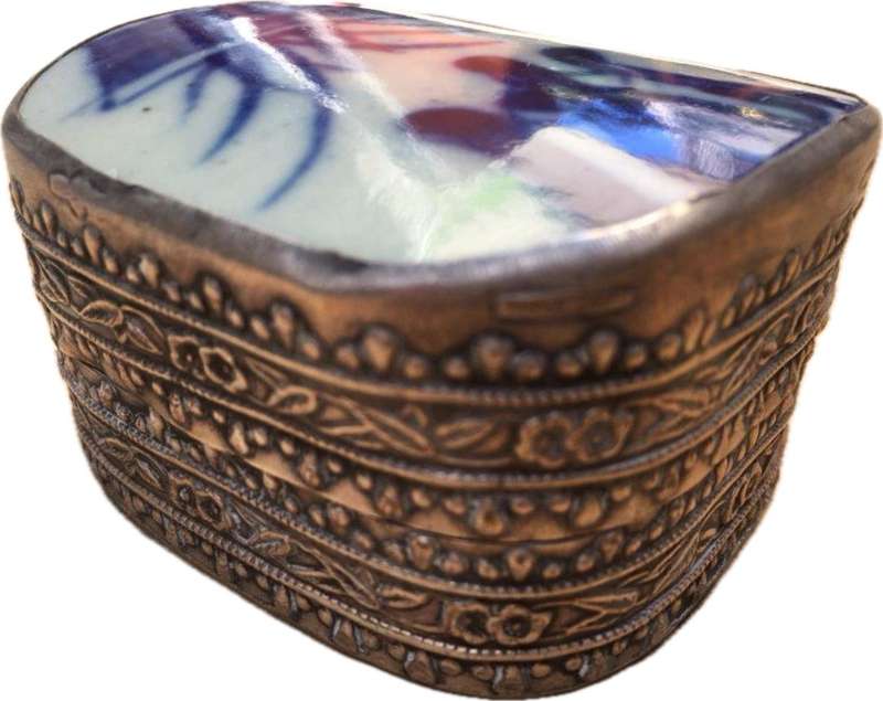 vintage trinket box , powder buff with ormolu decorative sides, made in Belgium