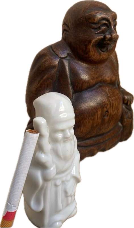 Wood Buddha with pair of porcelain wise men Japan sages