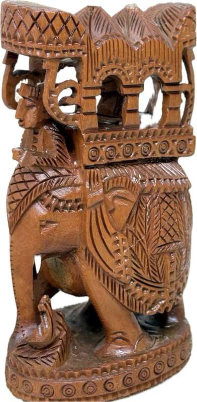 Intricate hand carved wood elephant and rider statue figure