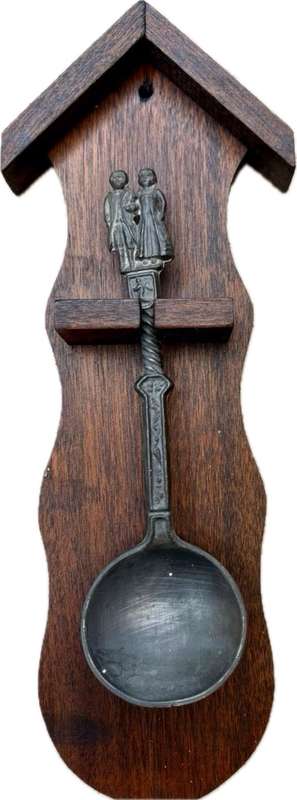 Pewter spoon decorative on wood wall mount