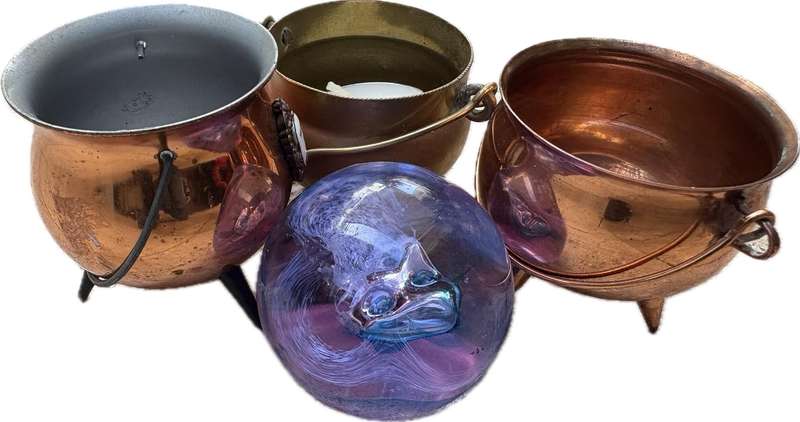 Vintage small copper and brass cauldron potjie pot lot of 3 + Murano glass paper weight
