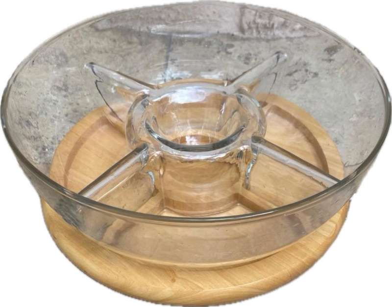 Vintage lazy Susan beech wood with 5 compartment glass.bowl dish