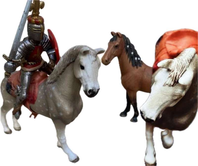 Schleich horse pair with Schleich knight rider figure on black knight medieval horse