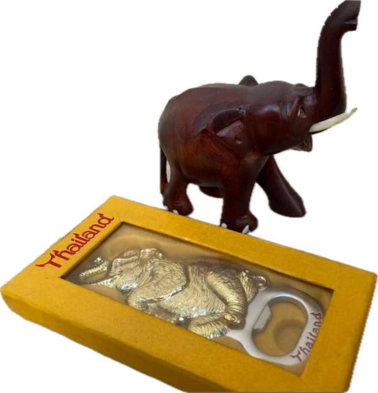 Vintage trunk up elephant wood figure & magnet bottle opener Thailand pair