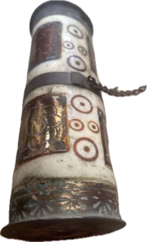 vintage tibet prayer wheel bone and brass with scroll inside , altar book buddhist