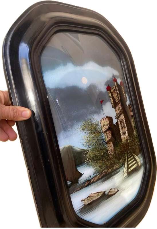 Antique Wall Wood Convex glass Reverse art Painted Castle by the Danube