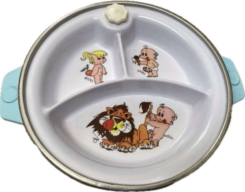 Vintage baby food warming plate dish with suction chicco Italy