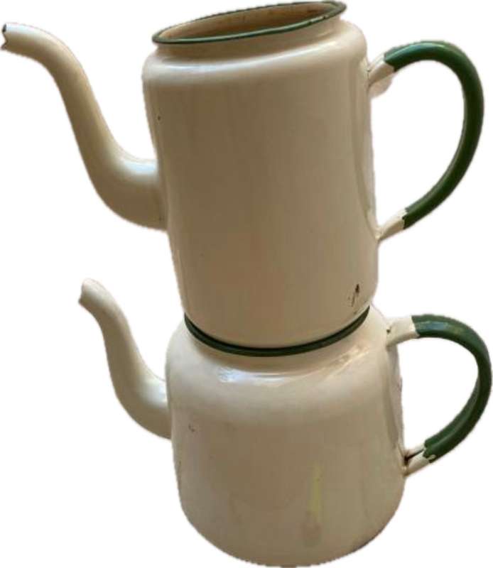 vintage judge cream and green heavy enamel tea pot teapot kettle pair , no lids