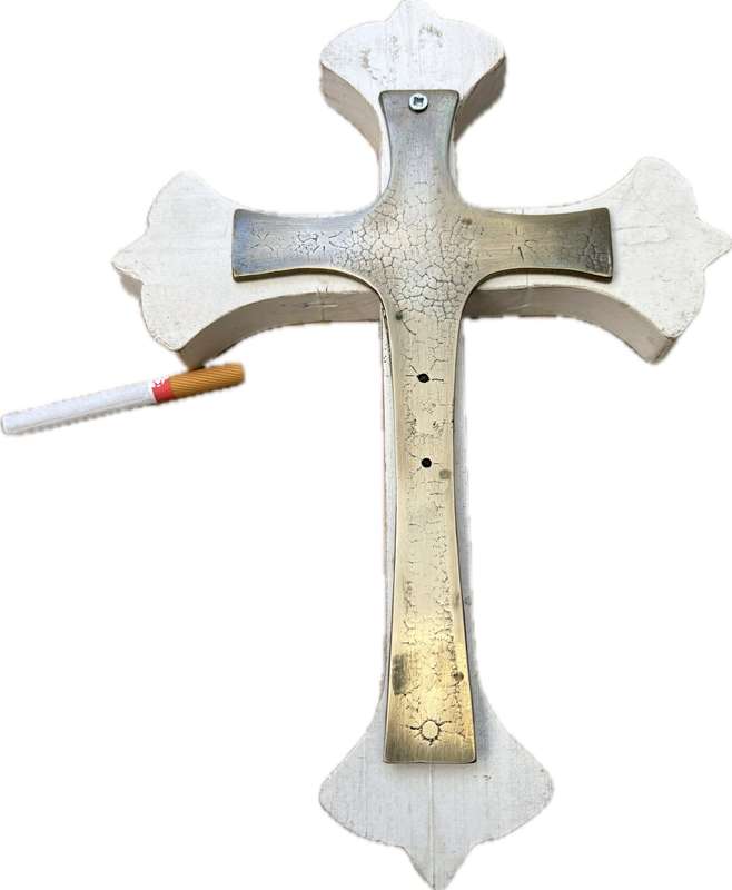 Vintage brass crucifix wall mount made in Italy 22cm with wood backing 30cm