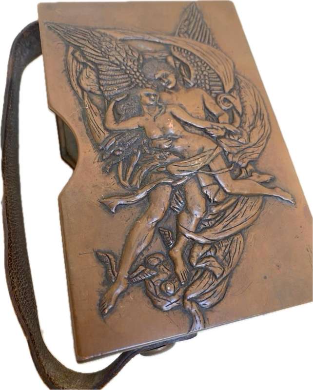 Antique copper bible box angelic three dimensional with leather strap