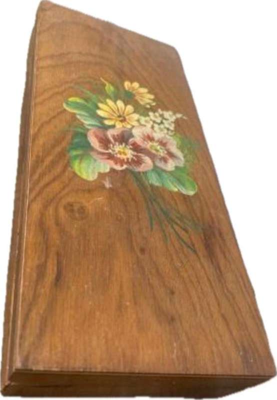 vintage wood sewing box with contents