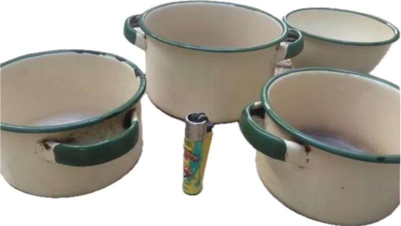 vintage judge cream and green enamel pots and one bowl