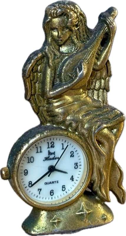 Vintage miniature quartz clock brass angel playing banjo