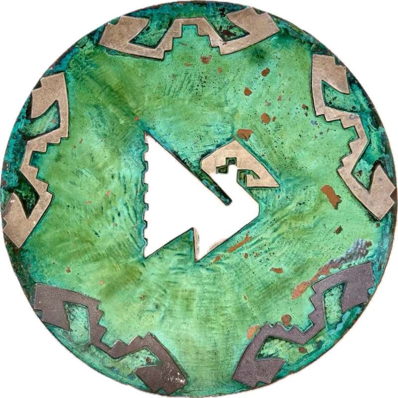 Vintage copper green  enamelled wall plate art with brass detail