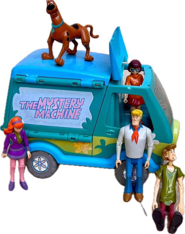 Vintage scooby doo the mystery machine van  with 5 articulated figures hanna barbera, plus backpack