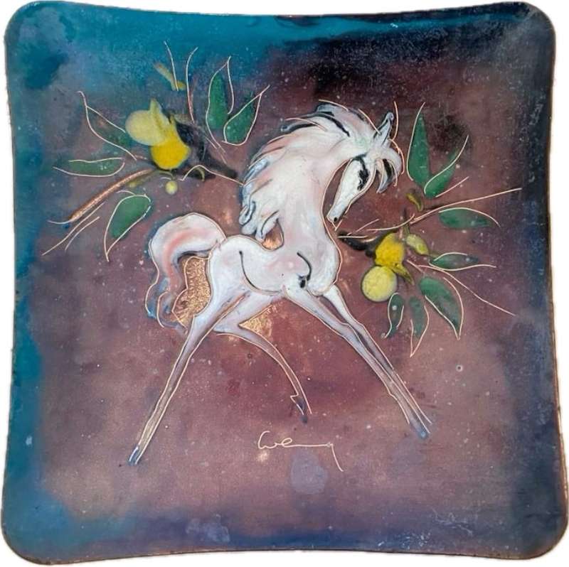 Vintage enamel on copper art trinket tray white Stallion horse signed