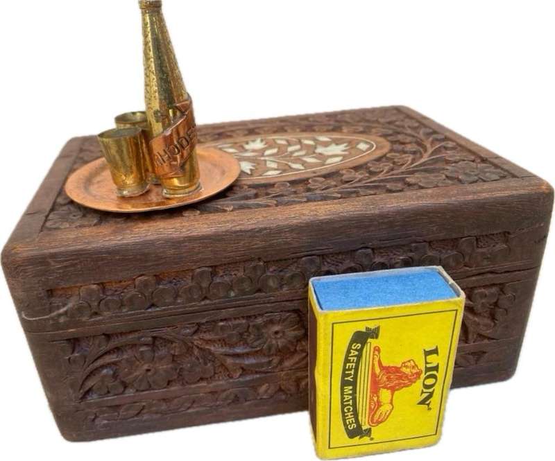 Brass dollhouse miniature bottle tray and cups ASC brass Rhodesia in vintage inlaid trinket box