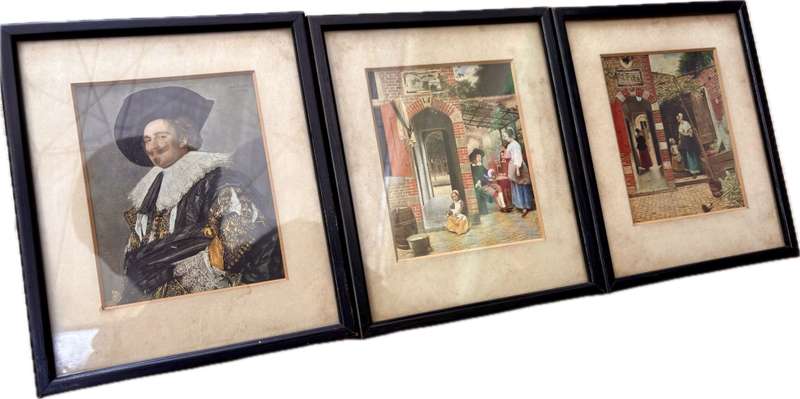 Vintage set of 3 Dutch prints , laughing Cavalier and pair of Pieter De Hooch framed prints