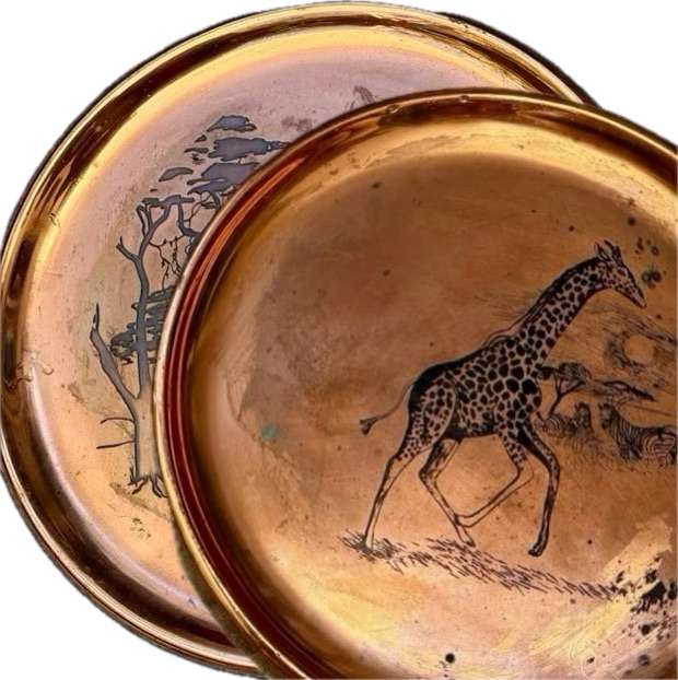 vintage royal sable copper plate pair  Giraffe and elephant scene 29cm