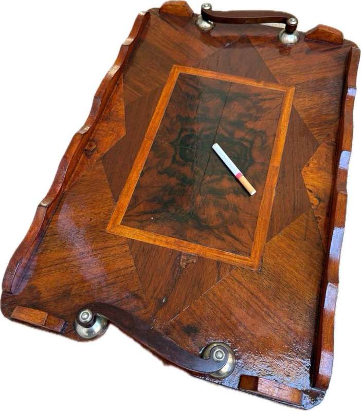 Vintage wood drinks tray inlay detail varnished