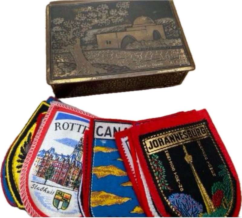 Vintage Rachels tomb brass trinket box footed with 11 travel badges