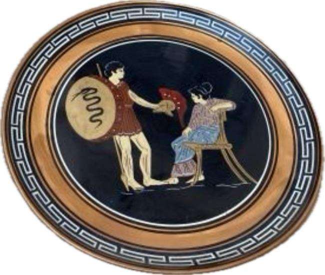 vintage copper Greek wall plate a soldier and his wife , hand painted numbered