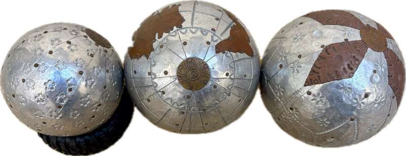 3 decorative ball orb spheres hammered metallic copper detail