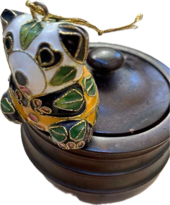 Vintage cloisonné enamel Christmas tree ornament in wood pot trinket box
