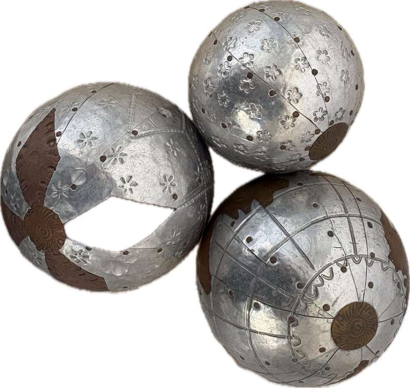 3 decorative ball orb spheres hammered metallic copper detail
