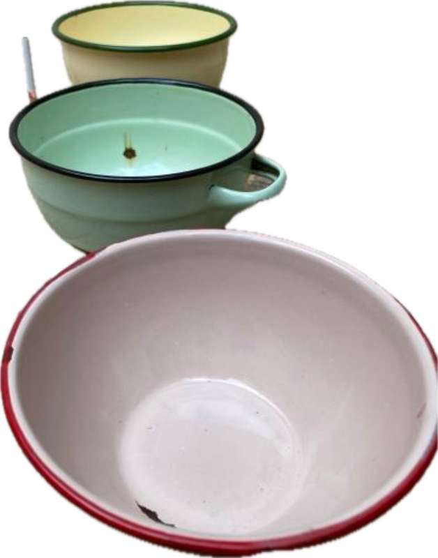 vintage judge cream and green enamel mixing bowl , pink and red rim with green enamel bowl