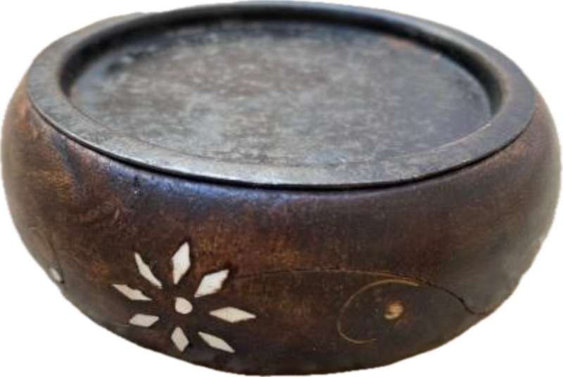 vintage candle base plate wood with inlay inlaid detail , origin India